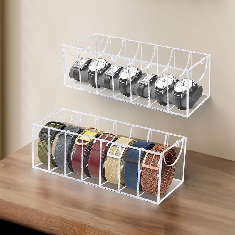 Oubou Store Belt Organizer, Acrylic Belt Storage Organizer for Closet with Dust Cover and Drawer,7 Compartments Transparent Display Case for Belts - Image 2